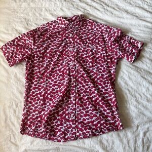 Murano 100% Cotton Red White Poppy Floral Button Down Short Sleeve Shirt Size M